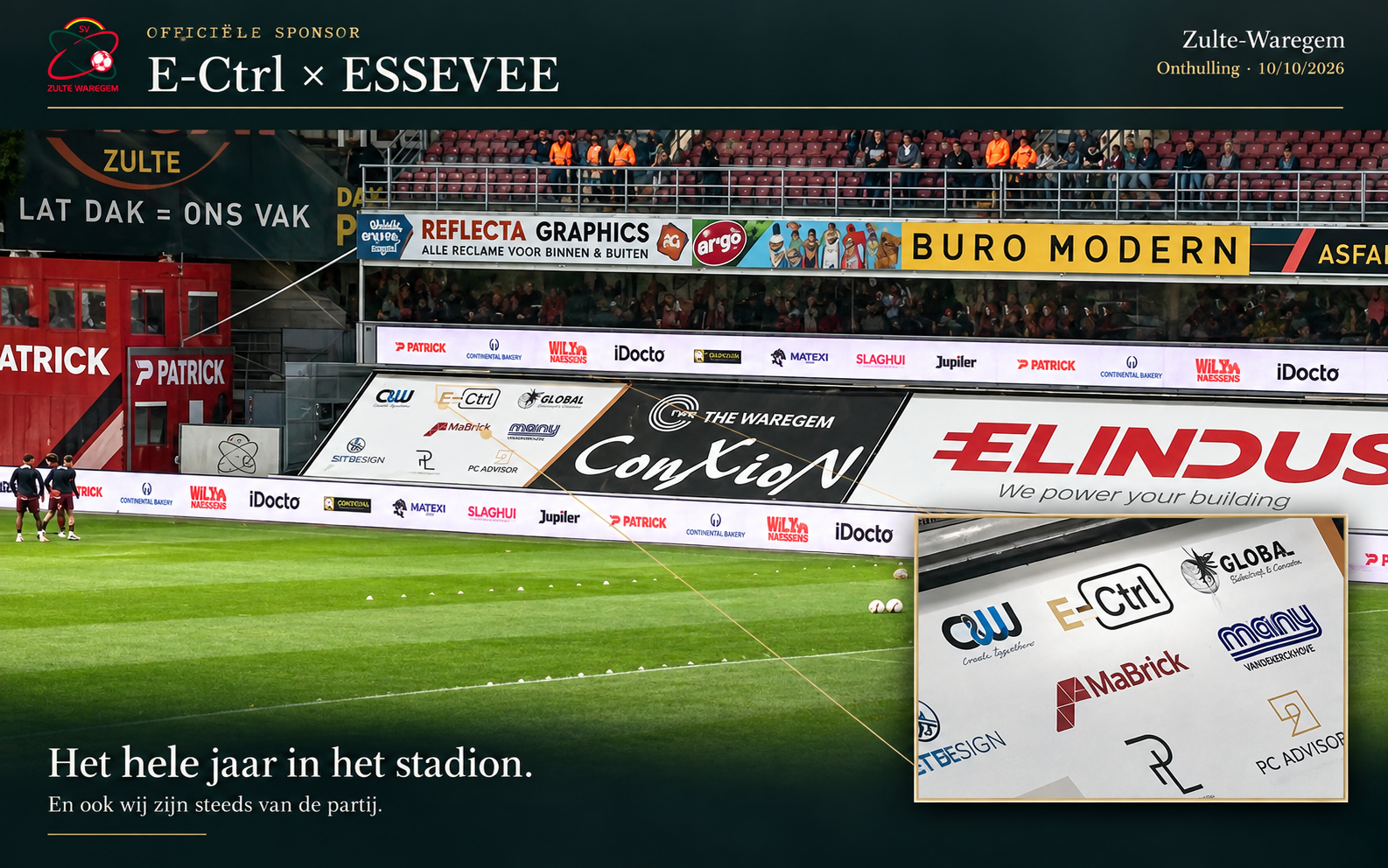 Fotocompositie van het stadion van Zulte-Waregem tijdens een wedstrijd, met een uitvergroot detail van het E-Ctrl-logo op het sponsorbord.